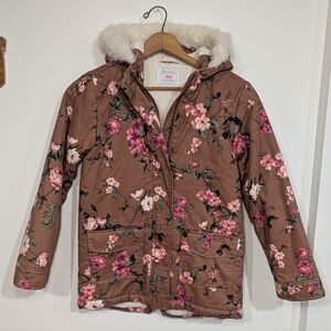 Childrens Place Girls XL14 Floral Brown Parka Jacket Faux Fur Hood Sherpa Lined